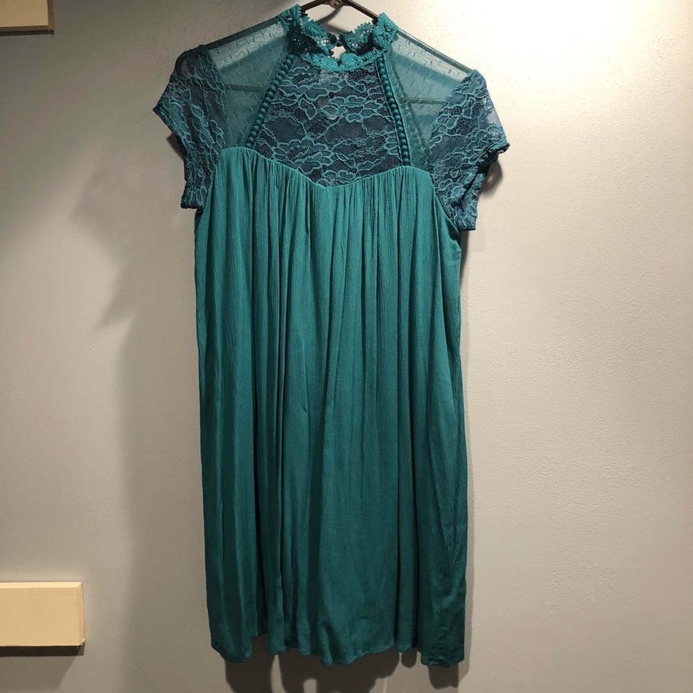 Mock neck teal dress